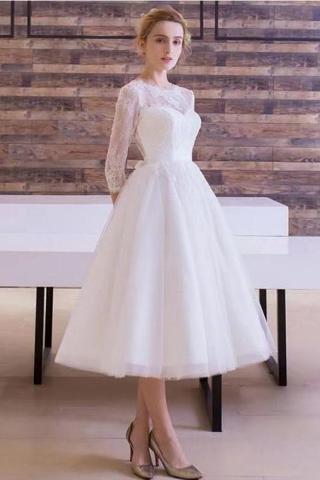 New long-sleeve wedding dress, white bridesmaid dress, graduation midi dress,custom made