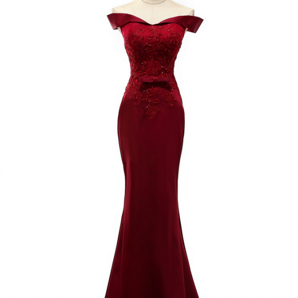 Red Off Shoulder Mermaid Satin Prom Dress, Floor Length Women Dress,Prom Dresses